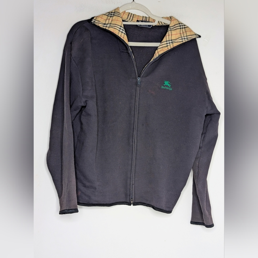 Burberry • Men's Vintage Knit Zip Up Jacket in Navy | Preppy | Nova Check READ